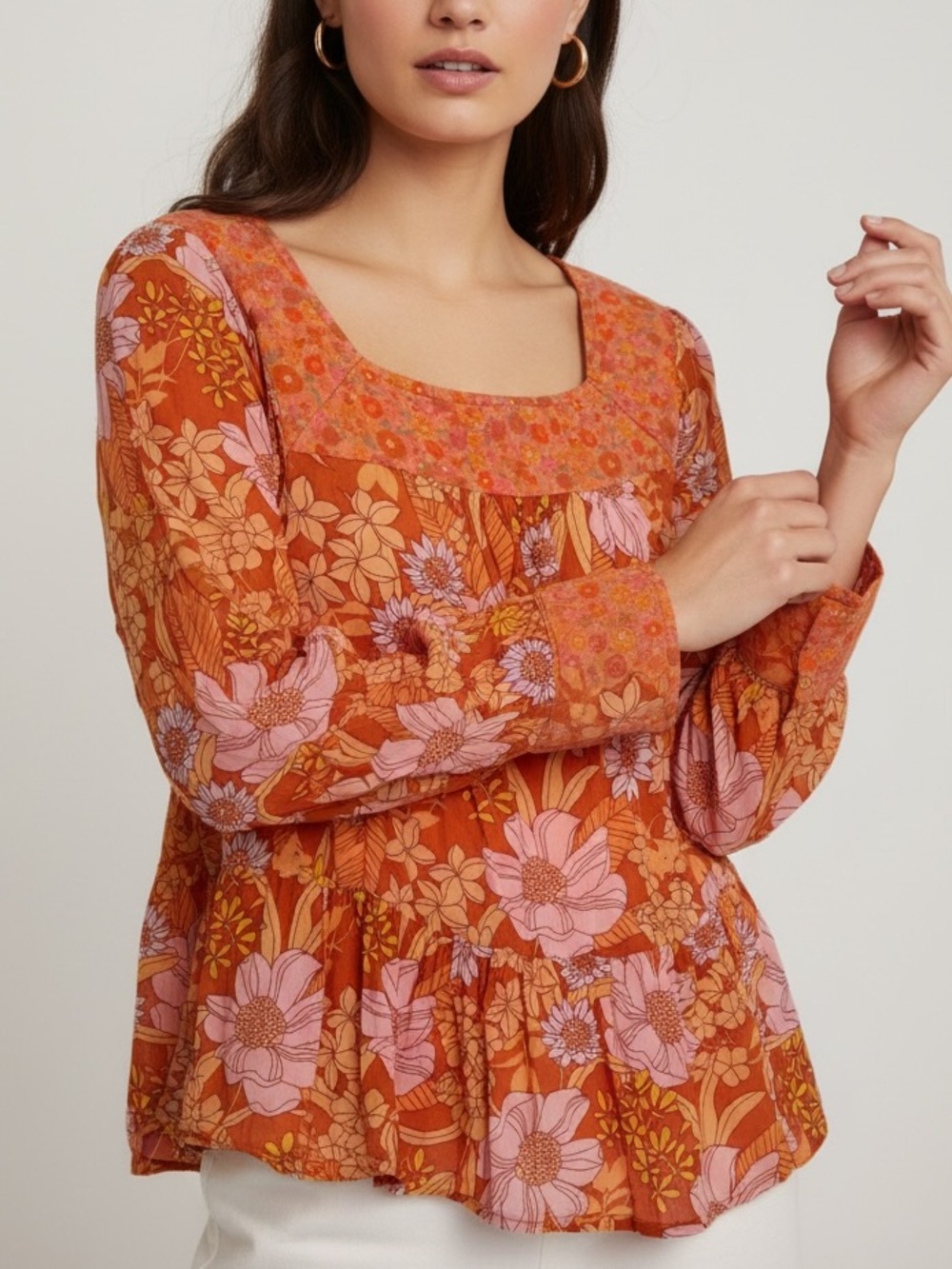 American Eagle Retro Floral Tiered Flowy Long Sleeve Top Small
